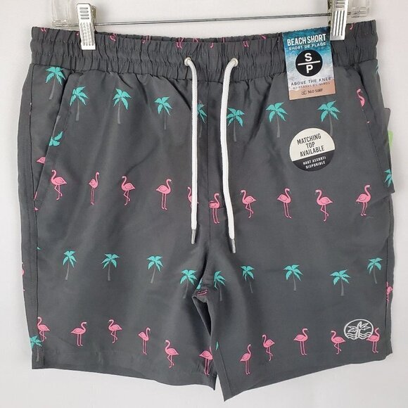 NWT 360 Surf Men's Beach Shorts Black w/ Flamingo and Palm Tree Recycled Poly - Picture 1 of 9